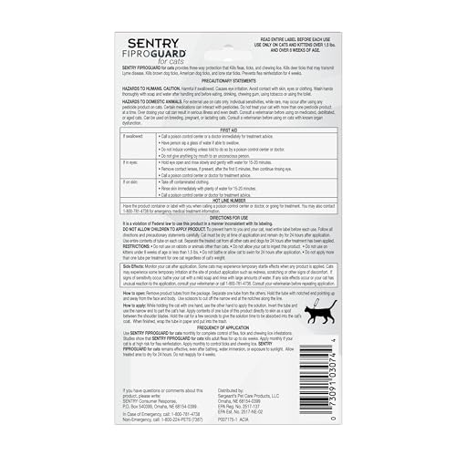 SENTRY Fiproguard for Cats, Flea and Tick Prevention for Cats (1.5 Pounds and Over), Includes 6 Month Supply of Topical Flea Treatments