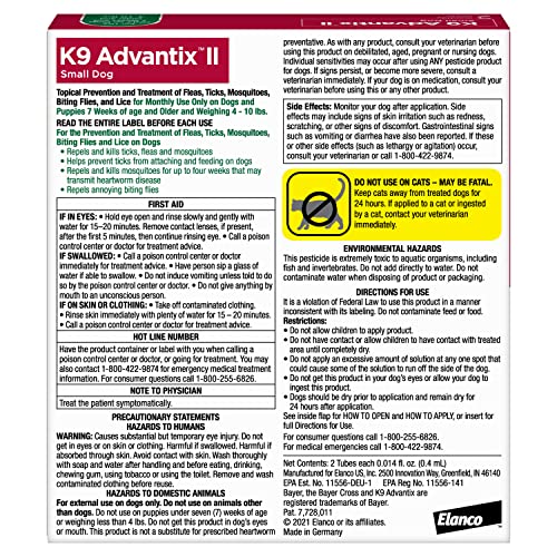Bayer K9 Advantix II Flea, Tick and Mosquito Prevention for Small Dogs, 4 - 10 lb, 2 doses