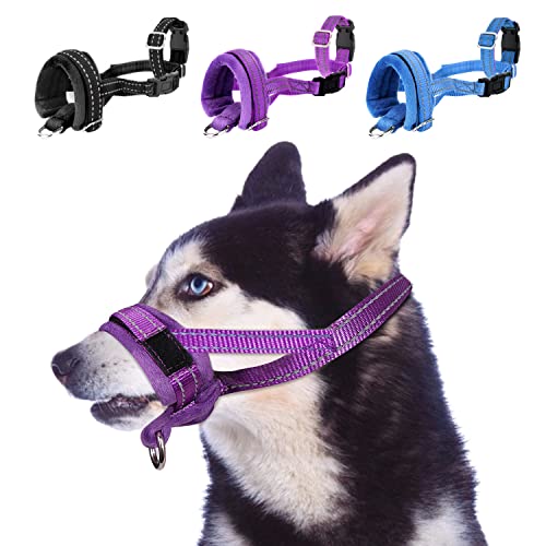 SlowTon Soft Dog Muzzle, Adjustable Padded Nylon Muzzle for Large Medium Dogs Anti Chewing Barking Biting, Allow Dog Pant & Drink (Purple, M)