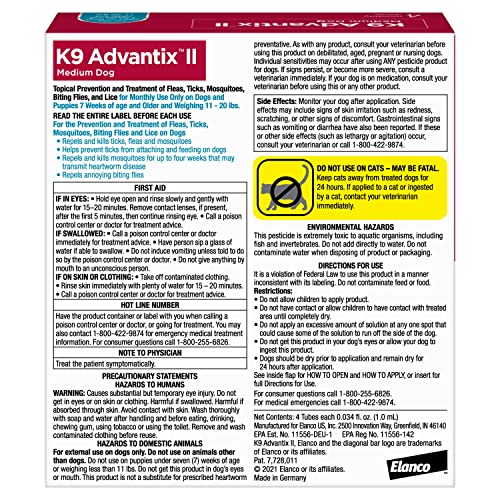 Bayer K9 Advantix II Flea, Tick and Mosquito Prevention for Medium Dogs, 11 - 20 lb, 4 doses