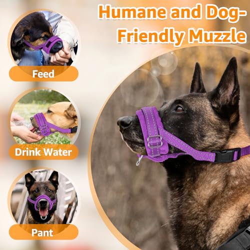 SlowTon Soft Dog Muzzle, Adjustable Padded Nylon Muzzle for Large Medium Dogs Anti Chewing Barking Biting, Allow Dog Pant & Drink (Purple, M)