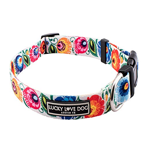 Lucky Love Dog Collars, Floral Girl or Boy Dog Collar for Medium Dogs, Spring & Summer Themed Flower Print, Comfortable, Soft, Cute, Ladybird, Medium