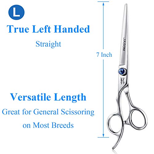 JASON Left Handed 7" Straight Dog Grooming Scissors, Premium Cats Grooming Shears Pets Trimming Kit with Offset Handle and a Jewelled Screw, Sharp, Comfortable, Durable