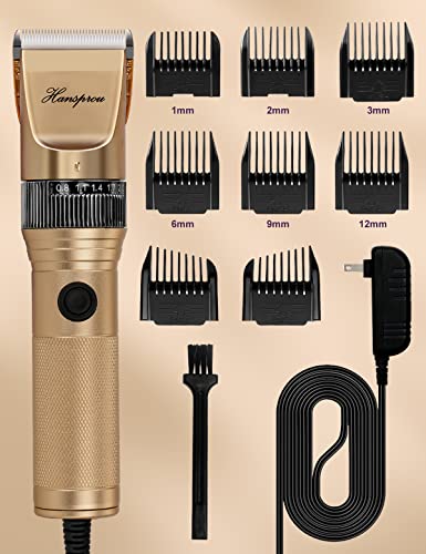 HANSPROU Dog Grooming Clippers, Professional Dog Clipper for Thick Coat 12V Plug-in Pet Trimmer High Power Pet Clippers Low Noise with Guard Combs Brush for Dogs Cats and Other Animal
