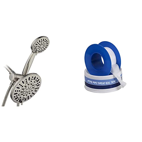 AquaDance Brushed Nickel 7" Premium High Pressure 3-Way Rainfall Combo & Supply Giant I34 PTFE Thread Seal Tape for Plumbers, White 3/4 Inch x 260 Inch