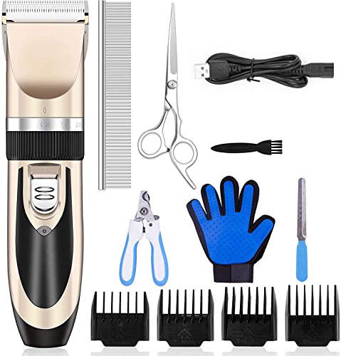 Maxshop Dog Grooming Kit, Low Noise Rechargeable Dogs Shaver Clippers Electric Quiet Dog Hair Trimmer for Dogs and Cats with Comb Guides Scissors Nail Kits