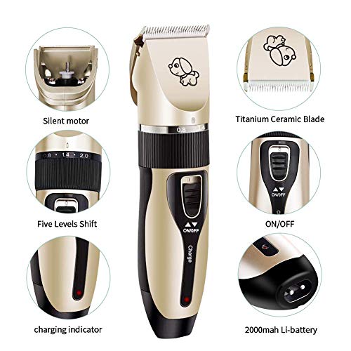 Glosell Dog Grooming Kit, Low Noise, Electric Quiet, Rechargeable, Cordless, Pet Hair Thick Coats Clippers Trimmers Set, Suitable for Dogs, Cats, and Other Pets (Clippers with Scissors Comb)