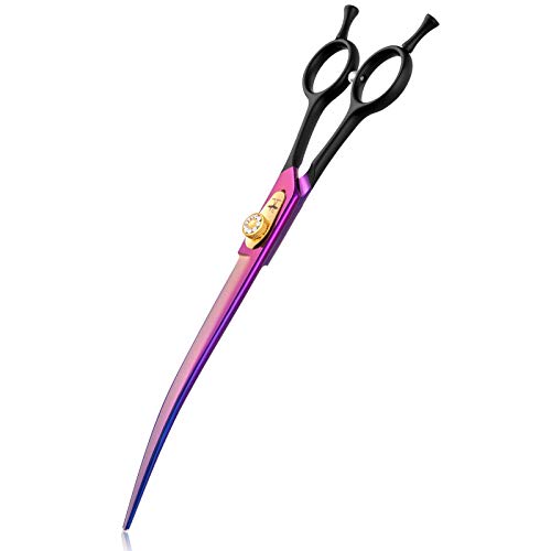 PURPLEBIRD 8 Inch Downward Curved Dog Grooming Scissors Professional Pet Cutting Shears Safety Noiseless Blunt Tip Trimming Shearing for Dogs Cats Japanese Stainless Steel Purple