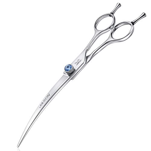 JASON 7" Curved Dog Grooming Scissors, Ergonomic Pets Cats Trimming Shears with Offset Handle and a Jewelled Screw for Right Handed Groomers, Sharp, Comfortable, Light-weight