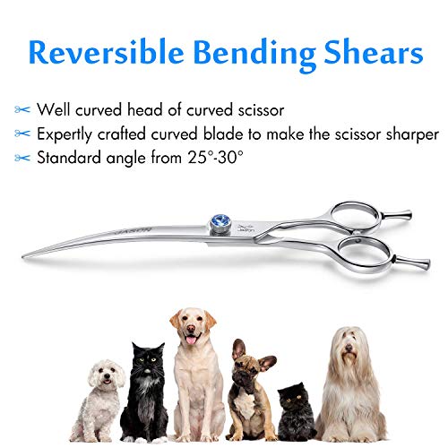 JASON 7" Curved Dog Grooming Scissors, Ergonomic Pets Cats Trimming Shears with Offset Handle and a Jewelled Screw for Right Handed Groomers, Sharp, Comfortable, Light-weight