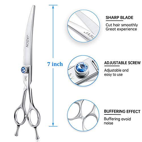 JASON 7" Curved Dog Grooming Scissors, Ergonomic Pets Cats Trimming Shears with Offset Handle and a Jewelled Screw for Right Handed Groomers, Sharp, Comfortable, Light-weight