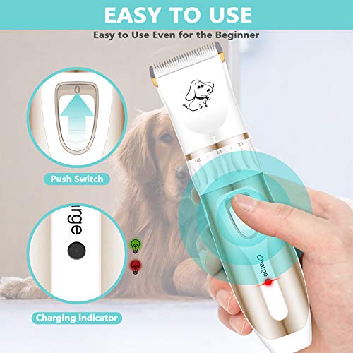 Maxshop Pet Grooming Clippers, Professional Quiet Rechargeable Cordless Pet Hair Clippers with Comb Guides Scissors Stainless Steel Blades Kit for Dogs Cats,Pets Long Short Hair Shave (White)