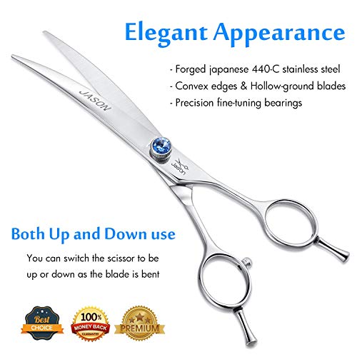 JASON 7" Curved Dog Grooming Scissors, Ergonomic Pets Cats Trimming Shears with Offset Handle and a Jewelled Screw for Right Handed Groomers, Sharp, Comfortable, Light-weight