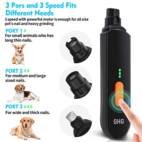 GHG Dog Nail Grinder Upgraded - Professional LED Lighting 3-Speed Rechargeable Pet Nail Trimmer with Clippers, Quiet Low Noise, Paws Grooming and Smoothing for Small Medium Large Dogs and Cats