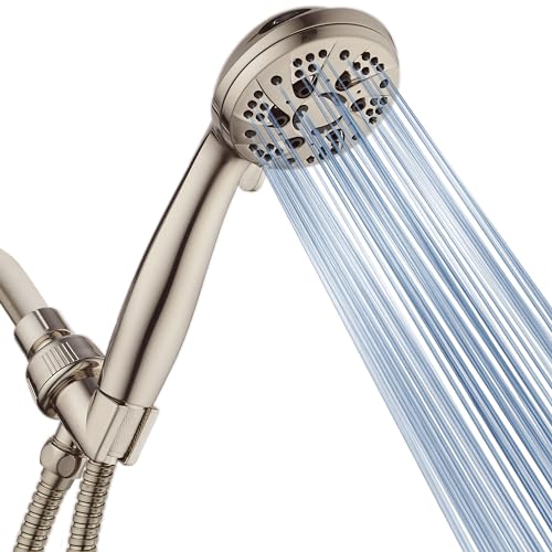 AquaDance High Pressure 6-Setting Full Brushed Nickel Handheld Shower Head with Stainless Steel Hose. Officially Independently Tested to Meet Strict US Quality & Performance Standards!