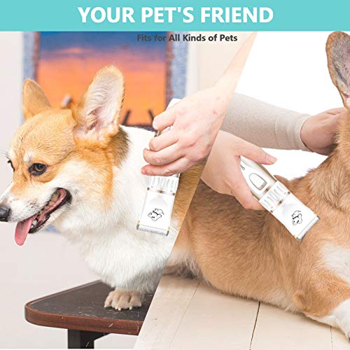 Maxshop Pet Grooming Clippers, Professional Quiet Rechargeable Cordless Pet Hair Clippers with Comb Guides Scissors Stainless Steel Blades Kit for Dogs Cats,Pets Long Short Hair Shave (White)