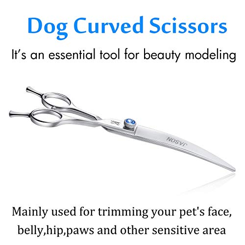 JASON 7" Curved Dog Grooming Scissors, Ergonomic Pets Cats Trimming Shears with Offset Handle and a Jewelled Screw for Right Handed Groomers, Sharp, Comfortable, Light-weight