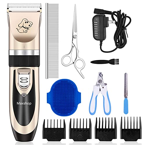 Maxshop Dog Grooming Kit, Low Noise Rechargeable Dogs Shaver Clippers Electric Quiet Dog Hair Trimmer for Dogs and Cats with Comb Guides Scissors