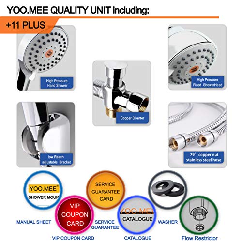YOO.MEE High Pressure Shower Combo Set, w/Powerful Pressure Handheld Shower and Strong Jets Fixed Shower Head, w/Solid Brass Diverter as Function Change, 79'' S.S Hose, Low-Reach Bracket, Chrome