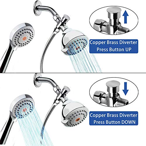 YOO.MEE High Pressure Shower Combo Set, w/Powerful Pressure Handheld Shower and Strong Jets Fixed Shower Head, w/Solid Brass Diverter as Function Change, 79'' S.S Hose, Low-Reach Bracket, Chrome