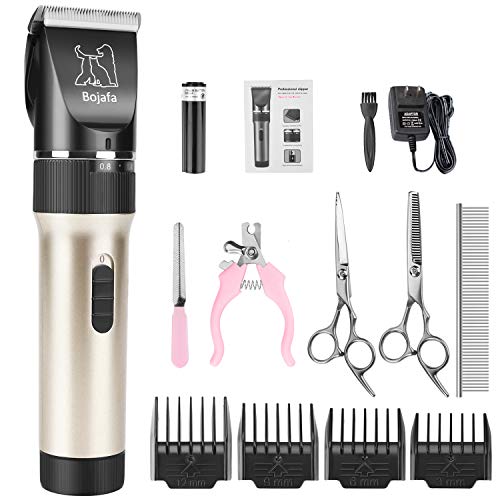 Bojafa Dog Grooming Clippers Kit Cordless Professional Low Noise Quiet Pet Clippers Rechargeable for Dogs Cats Hair Clippers Shaver Dogs Grooming Kit Set