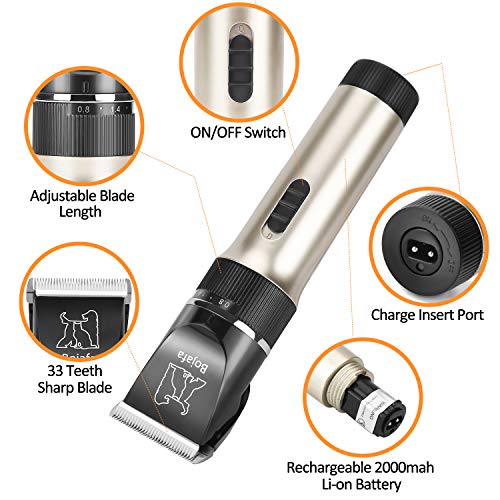 Bojafa Dog Grooming Clippers Kit Cordless Professional Low Noise Quiet Pet Clippers Rechargeable for Dogs Cats Hair Clippers Shaver Dogs Grooming Kit Set