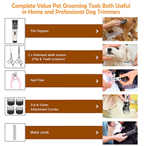 Bojafa Dog Grooming Clippers Kit Cordless Professional Low Noise Quiet Pet Clippers Rechargeable for Dogs Cats Hair Clippers Shaver Dogs Grooming Kit Set