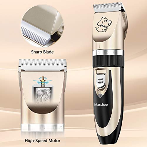 Maxshop Dog Grooming Kit, Low Noise Rechargeable Dogs Shaver Clippers Electric Quiet Dog Hair Trimmer for Dogs and Cats with Comb Guides Scissors