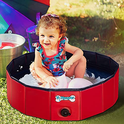 V-HANVER Foldable Dog Pool Hard Plastic Collapsible Pet Bath Tub for Puppy Small Dogs Cats and Kids