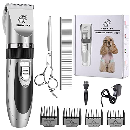 ENJOY PET Dog Clippers Low Noise Cat Shaver, Professional Dog Grooming Kit Rechargeable Cordless Pet Hair Clippers with 4 Comb Guides, Electric Quiet Pet Trimmer for Dogs Cats and Animals (Silver)