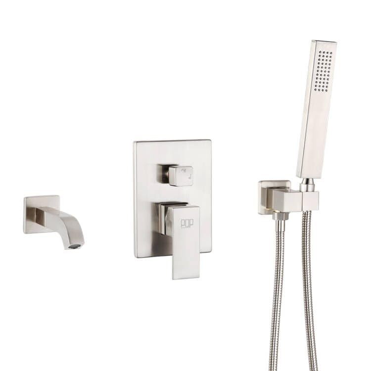 POP Brushed Nickel Wall Mounted Tub Faucet with Hand Shower Bathroom Wall Mount Tub Filler Spout Single Handle Solid Brass Bathtub Faucet with Handheld Shower for Bath