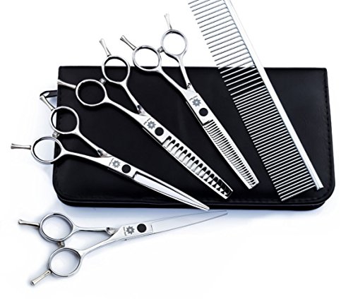 Dream Reach 6 inch 5pcs/Set Pet Scissors Dog Grooming Shears Set Straight/Curved/Thinning/Chunker Shears Grooming Comb-Twin Tail Animals Hair Cutting Tools Kit