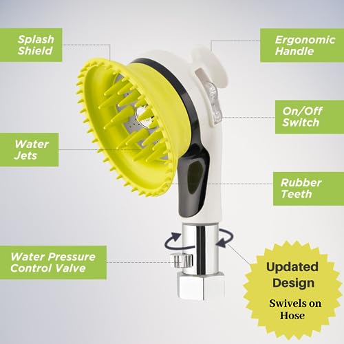 Wondurdog Quality Outdoor Dog Wash Garden Hose Nozzle w/Metal Adapter and Water Pressure Control | Innovative Shower Brush w/Splash Shield | Keep Water Away from Dogs Ears, Eyes and Yourself!