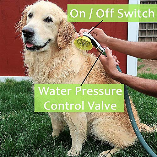 Wondurdog Quality Outdoor Dog Wash Garden Hose Nozzle w/Metal Adapter and Water Pressure Control | Innovative Shower Brush w/Splash Shield | Keep Water Away from Dogs Ears, Eyes and Yourself!