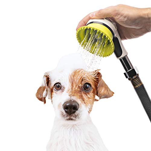 Wondurdog Quality Outdoor Dog Wash Garden Hose Nozzle w/Metal Adapter and Water Pressure Control | Innovative Shower Brush w/Splash Shield | Keep Water Away from Dogs Ears, Eyes and Yourself!