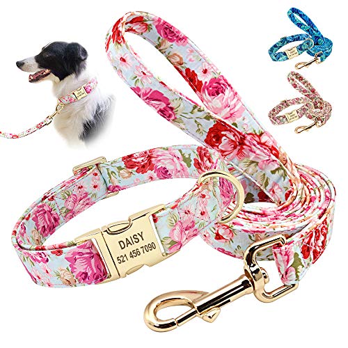 Beirui Soft Floral ID Dog Collars with Name Plate,Beautiful Flower Print Personalized Puppy Dog Collar and 5FT Leash Set for Small Medium Large Dogs, S(5/8" Wide,Neck fit 10-15.5")
