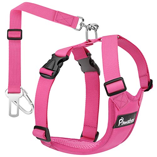 Pawaboo Dog Safety Vest Harness, Pet Car Harness Vehicle Seat Belt with Adjustable Strap and Buckle Clip, Easy Control for Driving Traveling Safety for Small Medium Dogs Cats, Large, Rose Red