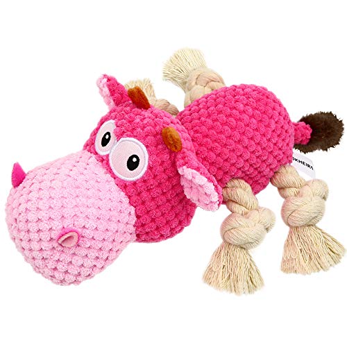 IOKHEIRA Dog Squeaky Toys, Tug of War Dog Plush Toy for Large Breed, Cute Animals Toys with Cotton Material and Crinkle Paper,Tough Chewing Toys for Puppy Breed (Shocking Pink, Cattle)