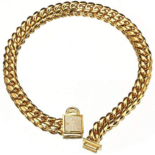 Luxury Dog Collar 18K Gold Small Metal 14mm Studded Buckle Collar Cuban Link with Zirconia Lock Designer Miami Necklace Chain Locking Collar (12 inch)