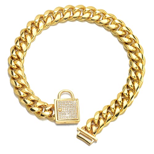 18K Gold Designer Dog Collar XL Large Metal Stainless Steel 14mm Big Dog Luxury Collar Cuban Link with Zirconia Lock Necklace Chain Buckle Locking Collar (24 inch)