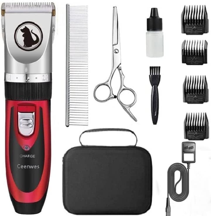 Ceenwes Dog Clippers Low Noise Pet Clippers Rechargeable Dog Trimmer Cordless Pet Grooming Tool Professional Dog Hair Trimmer with Comb Guides Scissors Nail Kits for Dogs Cats & Other(Red)