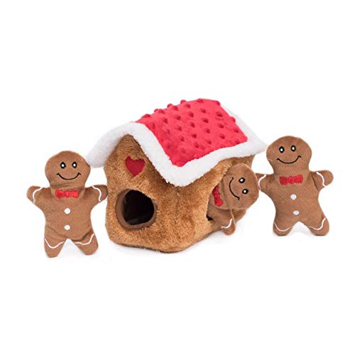 ZippyPaws - Holiday Burrow, Interactive Squeaky Hide and Seek Plush Dog Toy - Gingerbread House