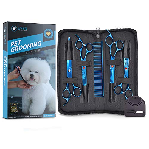 EVEN Professional Dog Grooming Scissors Set for Cats and Dogs-9CR Coated Steel, Safety Kit- Straight and Thinning Shears, Curved Up Shears , Metal Pet Comb, Scissor Sharpener and Case-Pet Fur Care