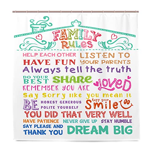 Family Rules Educational Shower Curtain with 12 Hooks, Child Motivational and Inspirational Quotes Waterproof Shower Curtain for Bathroom Decor