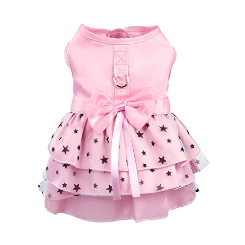 Hdwk&Hped Dog Dress with Leash Ring, Princess Multi-Layer Pleated Skirt Pentagram Bow Pet Dress for Small Dog Puppy Cat Pink #2