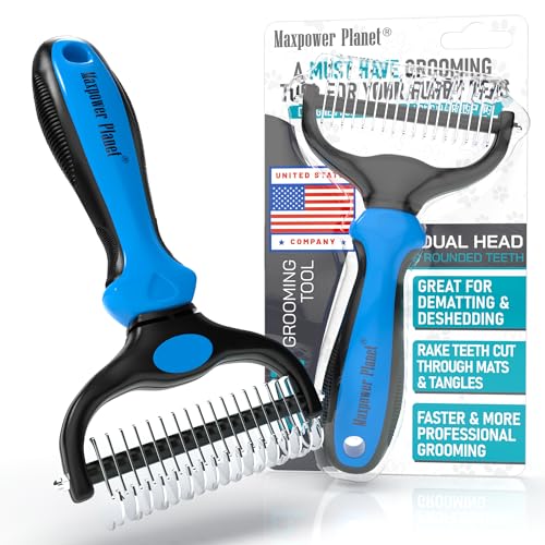 Maxpower Planet Pet Grooming Brush - Double Sided Shedding and Dematting Undercoat Rake Comb for Dogs and Cats,Extra Wide,Blue