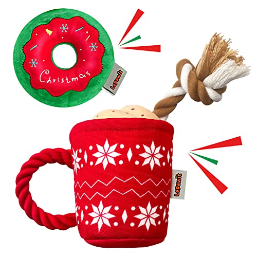 Lepawit 2Pack Christmas Dog Plush Squeaky Toy with Rope for Dogs Cute Coffee Cup & Donut Design, Interactive Stuffed Dog Rope Toy for Medium Large Dogs