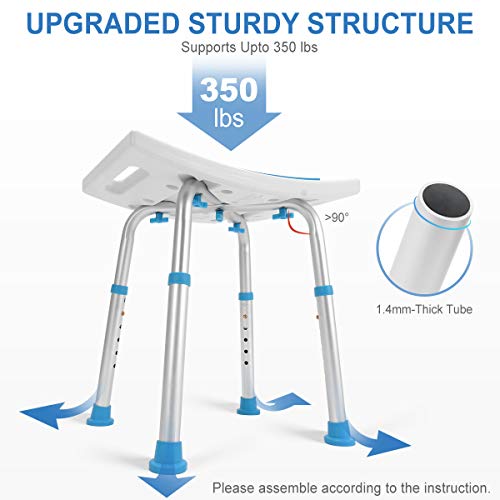 Health Line Massage Products Shower Stool 350lbs Bath Seat Chair, Tool-Free Assembly Height Adjustable Bath Bench w/Paded Seat and Assist Grab Bar for Seniors, Elderly, Disabled, Handicap and Injured