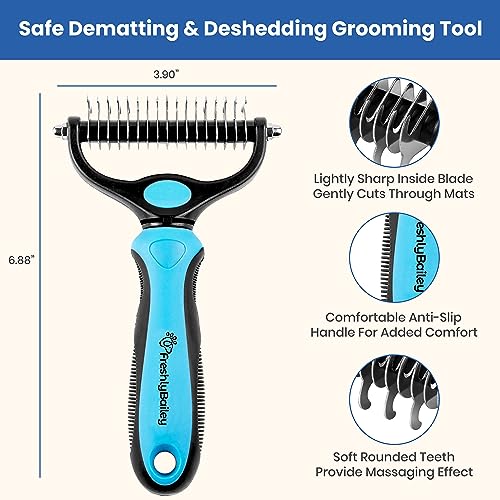 Freshly Bailey Dog and Cat Dematting Tools - âMiracleâ Undercoat Rake/Comb - Safe Dog Detangler and Cat Brush for Matted Hair/Fur - Easiest Pet Grooming Tool for Long Hair and Shedding - Husky Brush