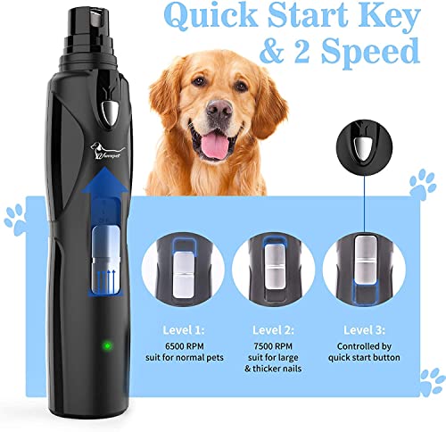 Pet Nail Grinder with LED Light & 2 Grinding Heads, 2-Speed Low Noise & More Powerful Dog Nail Grinder, Pet Nail Trimmer File, Painless Paw Claw Care, Quiet Toenail Grooming Tool for L/M/S Dogs/Cats